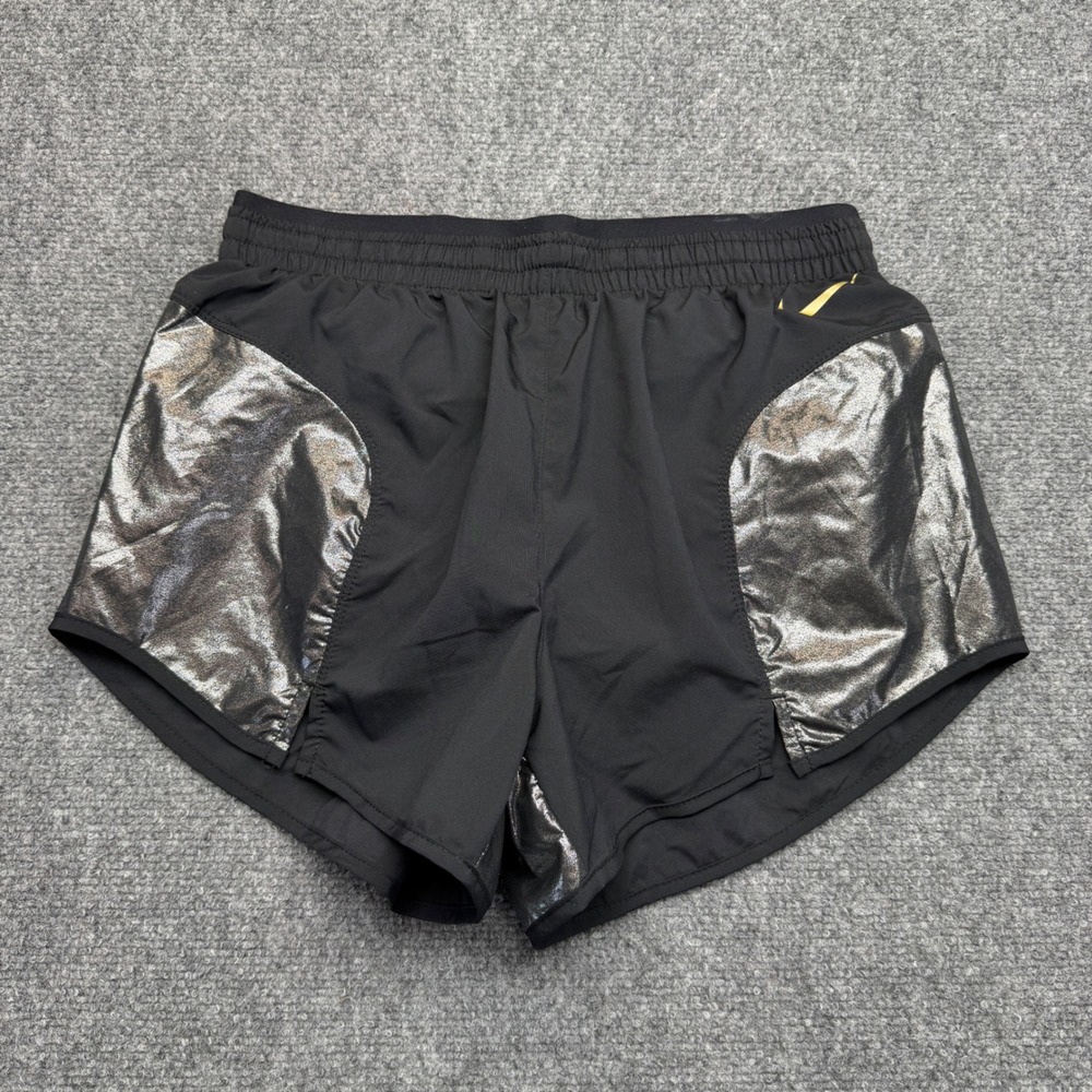 Nike Dri-FIT Womens Running Shorts Black Metallic Silver Gold Swoosh XS 3 Inch